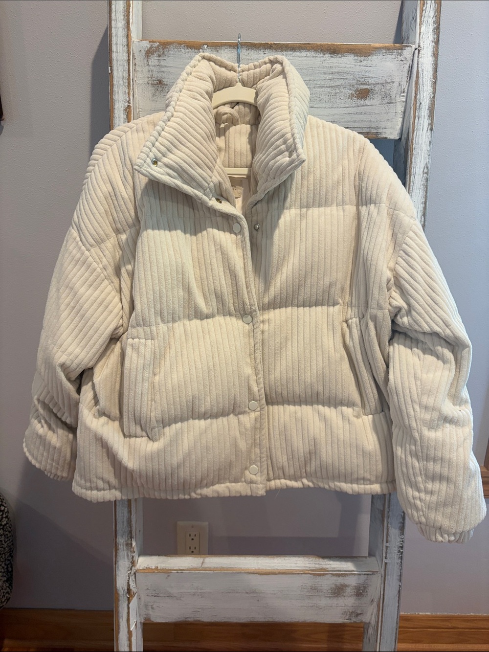 Women's Cream Corduroy Puffer Jacket with High Collar